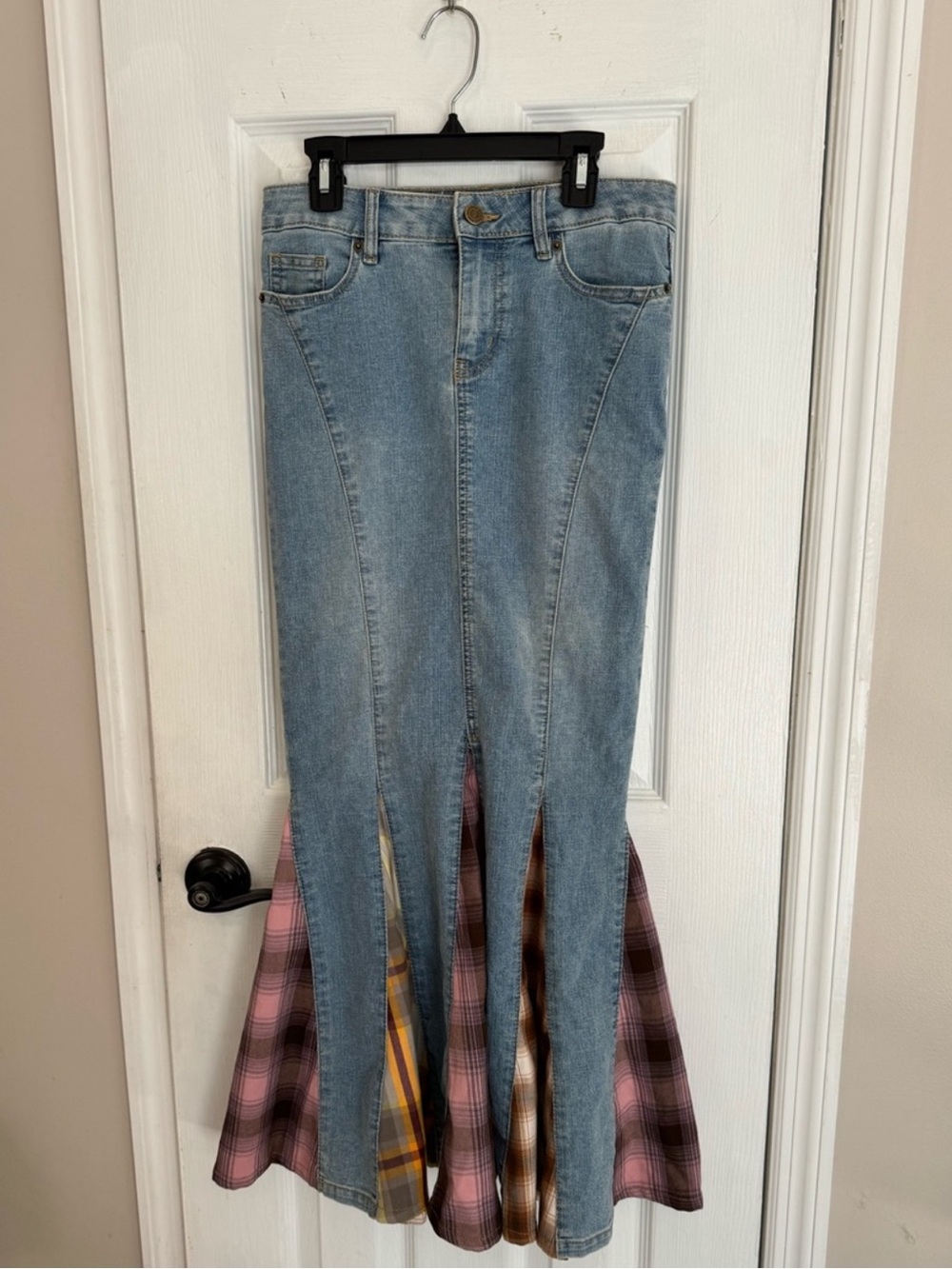 Denim Mermaid Skirt with Plaid Panels - Picture 2 of 4